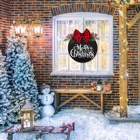 Whaline Merry Christmas Wooden Hanging Sign Door Decoration Wreath Buffalo Plaid Bow Welcome Sign for Home Indoor Outdoor Wall Window in Saudi Arabia