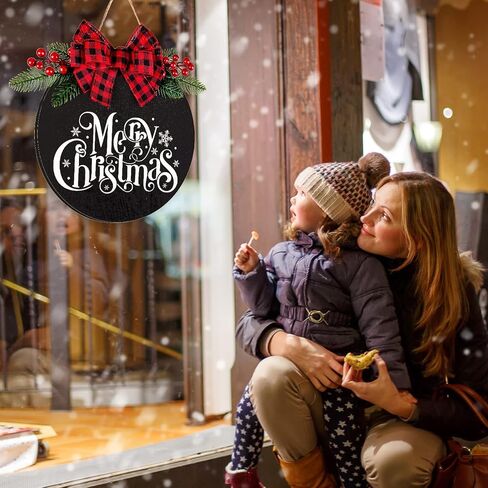 Whaline Merry Christmas Wooden Hanging Sign Door Decoration Wreath Buffalo Plaid Bow Welcome Sign for Home Indoor Outdoor Wall Window in Saudi Arabia