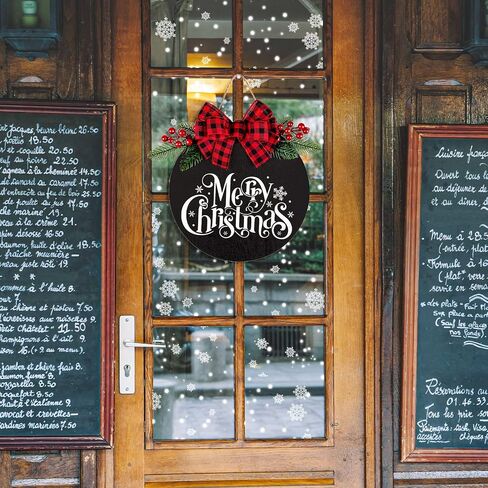 Whaline Merry Christmas Wooden Hanging Sign Door Decoration Wreath Buffalo Plaid Bow Welcome Sign for Home Indoor Outdoor Wall Window in Saudi Arabia