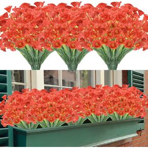 ZEOSTARO الزهور الاصطناعية 12 حزمة في الهواء الطلق مقاومة للأشعة فوق البنفسجية الزهور وهمية لا تتلاشى البلاستيك فو الشجيرات الخضراء حديقة الشرفة نافذة مربع تزيين (أحمر عميق) in Kuwait