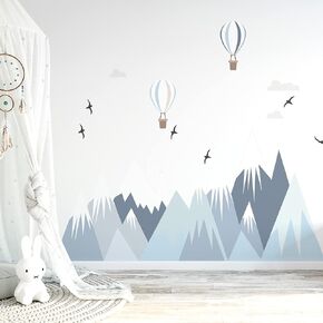 funlife Fabric Wall Stickers Scandinavian Style Mountain Wall Decals Peel and Stick Landscape, Waterproof Kids Room Wall Murals, Watercolor Wallpaper Decor for Wall Art Bedroom, 78.74" x 74.8", Blue