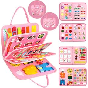 IVYs.SZ Busy Board for Toddlers 2-4, Montessori Busy Board, Busy Book for Toddlers 1-3, Felt Sensory Board, 8 Pages of Activity Board with Clips for Fine Motor Skills (Pink)