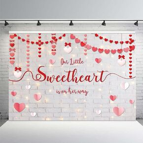 MEHOFOND Valentine's Day Baby Shower Backdrop for Girls A Little Sweetheart is On Her Way Baby Shower Decorations for Girls Brick Wall Pink Red Heart Photography Background Photo Shoot Props 7x5ft in Kuwait