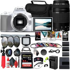 كاميرا Canon EOS 250D / Rebel SL3 DSLR (الهيكل فقط) + (أبيض) عدسة Canon EF 75-300mm f/4-5.6 III (6473A003) + بطاقة ذاكرة سعة 64 جيجابايت + طقم مرشح الألوان + طقم مرشح + المزيد (متجدد) in Saudi Arabia
