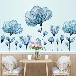 3D Dreamy Blue Flowers Wall Decals Romantic Lily Blossom Floral Wall Stickers DIY Removable Watercolor Flower Plants Peel and Stick Vinyl Decor for Kids Girls Bedroom Living Room Nursery DT-1521