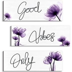 JEKEJIAJIU 3 Pcs Good Vibes Only Wall Decor, Light Purple Flower -Themed Good Vibes Only Sign, Wooden Positive Quotes Signs Wall Art Decoration (Purple, 3.9 x 11.4 inch) in Kuwait