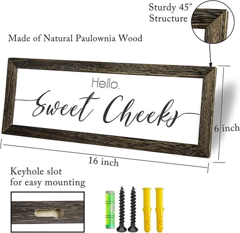 لافتة ديكور للحمام بتصميم عبارة Hello Sweet Cheeks، ديكور حائط حمام بنمط ريفي مضحك، لافتة ديكور حمام عصرية ريفية، اطار خشبي صلب، 16 × 6 انش in Kuwait