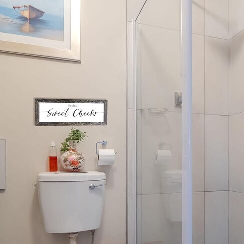 لافتة ديكور للحمام بتصميم عبارة Hello Sweet Cheeks، ديكور حائط حمام بنمط ريفي مضحك، لافتة ديكور حمام عصرية ريفية، اطار خشبي صلب، 16 × 6 انش in Kuwait