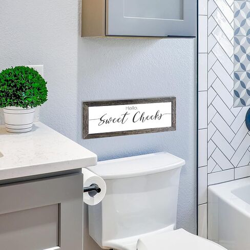 لافتة ديكور للحمام بتصميم عبارة Hello Sweet Cheeks، ديكور حائط حمام بنمط ريفي مضحك، لافتة ديكور حمام عصرية ريفية، اطار خشبي صلب، 16 × 6 انش in Kuwait