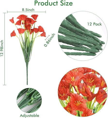 ZEOSTARO الزهور الاصطناعية 12 حزمة في الهواء الطلق مقاومة للأشعة فوق البنفسجية الزهور وهمية لا تتلاشى البلاستيك فو الشجيرات الخضراء حديقة الشرفة نافذة مربع تزيين (أحمر عميق) in Kuwait