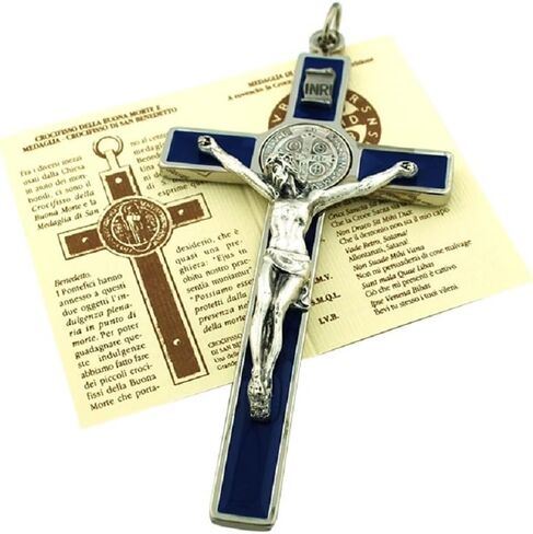 St. Benedict Wall Crucifix with Colored Enamel and Booklet Explaining The St. Benedict Medal | Patron Saint of Students and Europe | Glows in the Dark! in Saudi Arabia