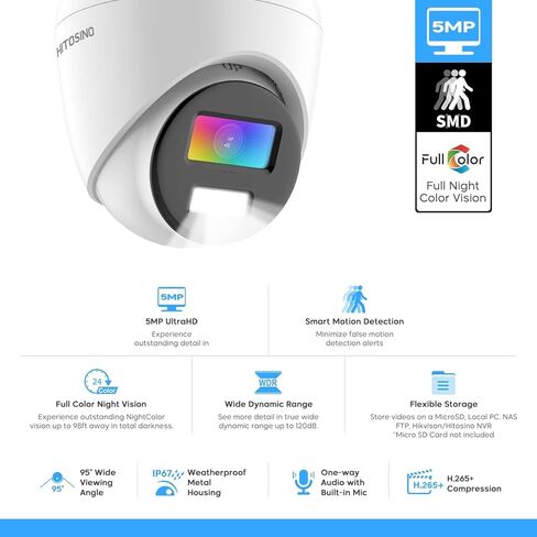 HITOSINO 5MP Fixed Turret Outdoor/Indoor IP POE Camera Security Surveillance Camera,98ft NightVision,2.8mm, H265+,IP67,7/24 Colorful Imaging,Built-in Mic,Compatible with Hikvision NVR in Kuwait