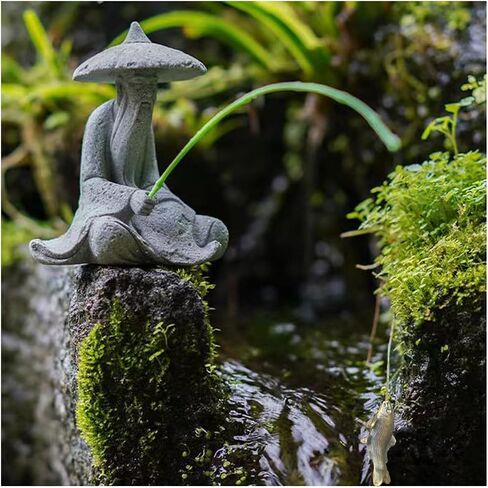 livelyfish Aquarium Fisherman Statue Asian Zen Decoration Sitting Fishing Figurines Sandstone Vintage Ornament for Aquarium Fish Tank Pot Garden Home Japanese Decor (C2) in Kuwait