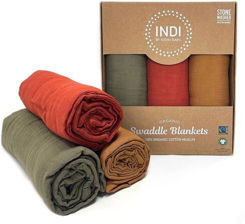 Kishu Baby Indi GOTS Certified 100% Organic Muslin Swaddle Blanket Gift Set in Solid Colors – Fairtrade Certified & Stonewashed for Extra Softness – 47 in x 47 in (Peach, Antique Pink, Lavender) in Kuwait