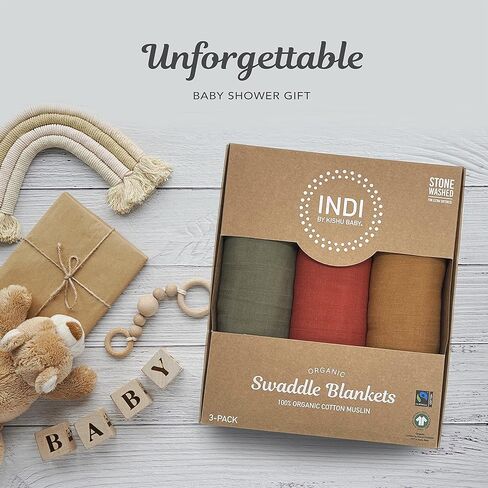 Kishu Baby Indi GOTS Certified 100% Organic Muslin Swaddle Blanket Gift Set in Solid Colors – Fairtrade Certified & Stonewashed for Extra Softness – 47 in x 47 in (Peach, Antique Pink, Lavender) in Kuwait