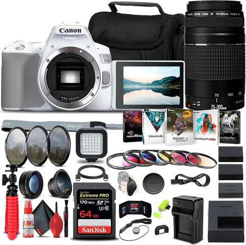 كاميرا Canon EOS 250D / Rebel SL3 DSLR (الهيكل فقط) + (أبيض) عدسة Canon EF 75-300mm f/4-5.6 III (6473A003) + بطاقة ذاكرة سعة 64 جيجابايت + طقم مرشح الألوان + طقم مرشح + المزيد (متجدد) in Saudi Arabia