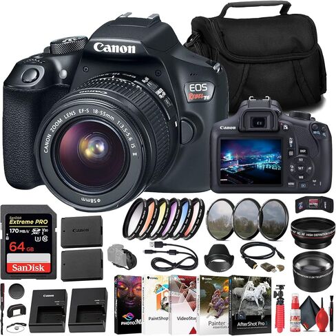 كاميرا Canon EOS Rebel T6 DSLR مع عدسة مقاس 18-55 مم (1159C003) + بطاقة ذاكرة سعة 64 جيجابايت + طقم مرشح الألوان + طقم مرشح + شاحن + بطارية LPE10 + عدسة واسعة الزاوية + عدسة مقربة + غطاء عدسة + المزيد (متجددة) in Saudi Arabia