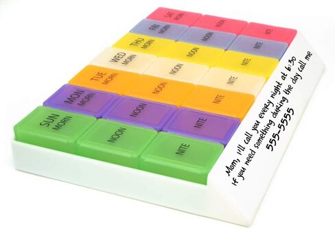 منظم حبوب الدواء الأسبوعي 3 مرات يوميًا من MedWrite مع صناديق حبوب منع الحمل اليومية القابلة للإزالة في صينية تخزين - سطح قابل للكتابة على الصينية لتعليمات الدواء والملاحظات - من Pill Thing (جامبو، متعدد الألوان) in Kuwait