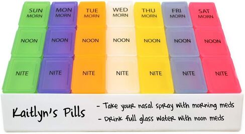 منظم حبوب الدواء الأسبوعي 3 مرات يوميًا من MedWrite مع صناديق حبوب منع الحمل اليومية القابلة للإزالة في صينية تخزين - سطح قابل للكتابة على الصينية لتعليمات الدواء والملاحظات - من Pill Thing (جامبو، متعدد الألوان) in Kuwait