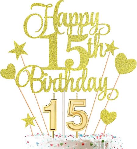 15th Birthday Cake Decorations Set Include 15th Birthday Candles Numeral 15 Cake Candles and Happy 15th Birthday Cake Toppers with Heart Star Cupcake Picks for Birthday Party (Black Series) in Kuwait