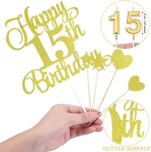 15th Birthday Cake Decorations Set Include 15th Birthday Candles Numeral 15 Cake Candles and Happy 15th Birthday Cake Toppers with Heart Star Cupcake Picks for Birthday Party (Black Series) in Kuwait