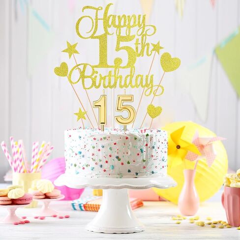 15th Birthday Cake Decorations Set Include 15th Birthday Candles Numeral 15 Cake Candles and Happy 15th Birthday Cake Toppers with Heart Star Cupcake Picks for Birthday Party (Black Series) in Kuwait