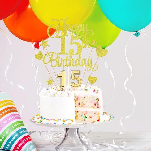 15th Birthday Cake Decorations Set Include 15th Birthday Candles Numeral 15 Cake Candles and Happy 15th Birthday Cake Toppers with Heart Star Cupcake Picks for Birthday Party (Black Series) in Kuwait