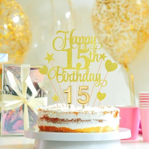 15th Birthday Cake Decorations Set Include 15th Birthday Candles Numeral 15 Cake Candles and Happy 15th Birthday Cake Toppers with Heart Star Cupcake Picks for Birthday Party (Black Series) in Kuwait