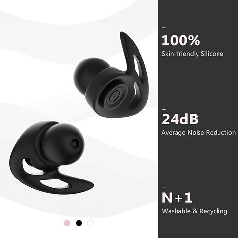 سدادات أذن مومبا لتقليل ضوضاء النوم، حماية السمع قابلة لإعادة الاستخدام، سدادات أذن من السيليكون فائقة النعومة متوسط ​​تقليل إلى 24 ديسيبل NRR، زوج واحد من سدادات الأذن + 8 أطراف أذن بحجم M/L، خطاف أسود in Kuwait