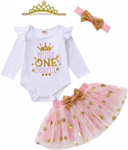 ATCTBOGFS Baby Girl 1st Birthday Cake Smash Toddler Girl Miss Onederful Romper Tutu Skirt with Headband Clothes Set in Kuwait