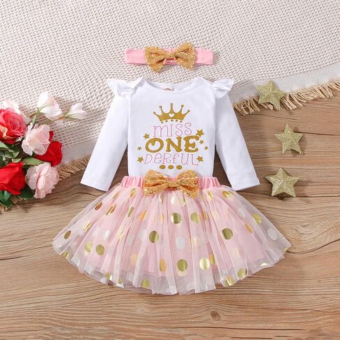 ATCTBOGFS Baby Girl 1st Birthday Cake Smash Toddler Girl Miss Onederful Romper Tutu Skirt with Headband Clothes Set in Kuwait