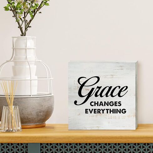 Grace Changes Everything Wooden Box Sign with Saying Desk Decor 5 x 5 Inch Motivational Box Sign Wood Plaque Block Sign Rustic Art Home Office Decor in Kuwait
