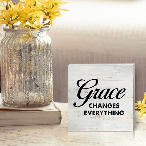 Grace Changes Everything Wooden Box Sign with Saying Desk Decor 5 x 5 Inch Motivational Box Sign Wood Plaque Block Sign Rustic Art Home Office Decor in Kuwait
