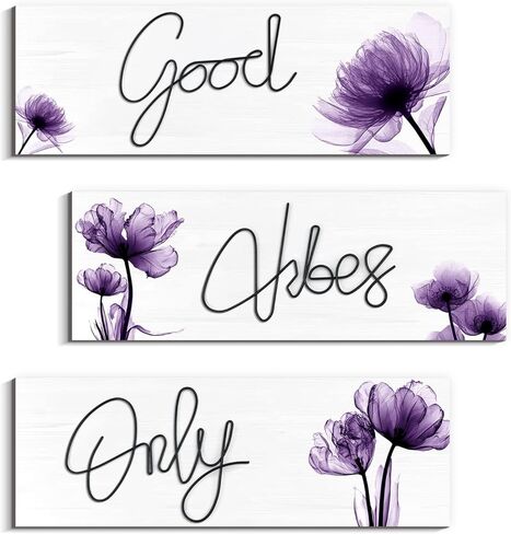 JEKEJIAJIU 3 Pcs Good Vibes Only Wall Decor, Light Purple Flower -Themed Good Vibes Only Sign, Wooden Positive Quotes Signs Wall Art Decoration (Purple, 3.9 x 11.4 inch) in Kuwait