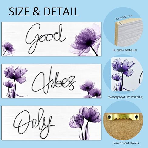JEKEJIAJIU 3 Pcs Good Vibes Only Wall Decor, Light Purple Flower -Themed Good Vibes Only Sign, Wooden Positive Quotes Signs Wall Art Decoration (Purple, 3.9 x 11.4 inch) in Kuwait