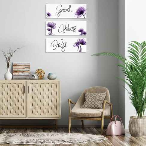 JEKEJIAJIU 3 Pcs Good Vibes Only Wall Decor, Light Purple Flower -Themed Good Vibes Only Sign, Wooden Positive Quotes Signs Wall Art Decoration (Purple, 3.9 x 11.4 inch) in Kuwait