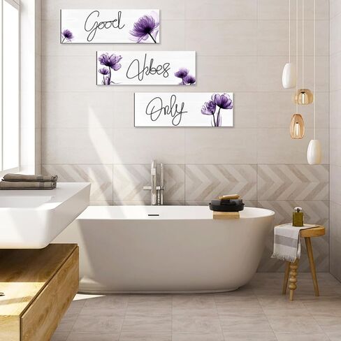 JEKEJIAJIU 3 Pcs Good Vibes Only Wall Decor, Light Purple Flower -Themed Good Vibes Only Sign, Wooden Positive Quotes Signs Wall Art Decoration (Purple, 3.9 x 11.4 inch) in Kuwait