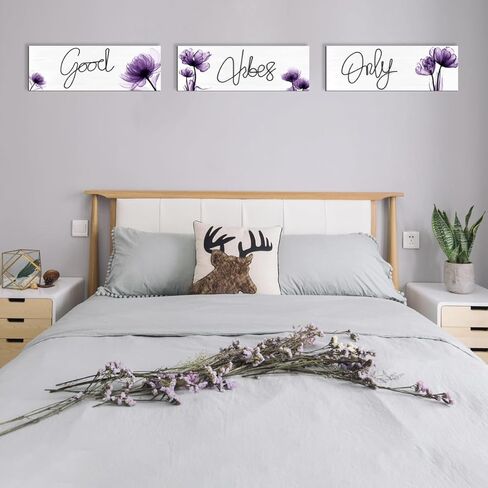 JEKEJIAJIU 3 Pcs Good Vibes Only Wall Decor, Light Purple Flower -Themed Good Vibes Only Sign, Wooden Positive Quotes Signs Wall Art Decoration (Purple, 3.9 x 11.4 inch) in Kuwait