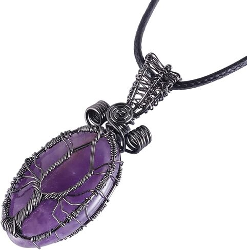 قلادة شجرة الحياة الحجرية المصنوعة يدويًا من ياتمينج بحبل، مجوهرات كريستالية ملفوفة بسلك نحاسي بيضاوي من أجل شفاء الريكي in Kuwait