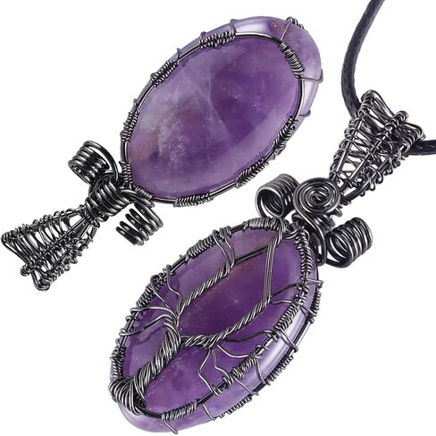 قلادة شجرة الحياة الحجرية المصنوعة يدويًا من ياتمينج بحبل، مجوهرات كريستالية ملفوفة بسلك نحاسي بيضاوي من أجل شفاء الريكي in Kuwait