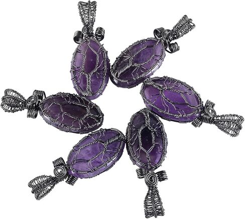 قلادة شجرة الحياة الحجرية المصنوعة يدويًا من ياتمينج بحبل، مجوهرات كريستالية ملفوفة بسلك نحاسي بيضاوي من أجل شفاء الريكي in Kuwait