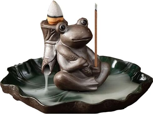 SKMIHJL Frog Backflow Incense Burner Lotus Leaf Tray Incense Burner Incense Holder Censer for Cone/Stick Incense with Ash Catcher for Home Office (Brown Frog) in Saudi Arabia