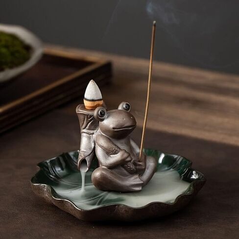 SKMIHJL Frog Backflow Incense Burner Lotus Leaf Tray Incense Burner Incense Holder Censer for Cone/Stick Incense with Ash Catcher for Home Office (Brown Frog) in Saudi Arabia
