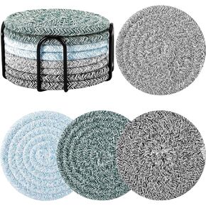 قواعد أكواب ME.FAN [8 قطع] قواعد أكواب قطنية مع حامل - قواعد أكواب للشرب مقاس 4.3 بوصة - حصيرة أكواب للمشروبات - مناسبة للمشروبات الساخنة أو الباردة السميكة، ديكور المنزل، حماية سطح الطاولة - مزيج 1 in Kuwait