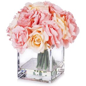 Enova Floral 18 قطعة من الورود الحريرية الاصطناعية تشكيلة زهور وهمية في مزهرية زجاجية مكعبة مع ماء صناعي لتزيين المنزل والمكتب والزفاف (أحمر)