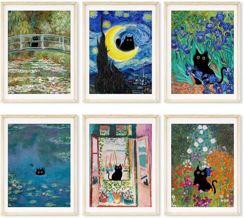 لوحة فنية جدارية فينتاج فان جوخ بتصميم قطة سوداء من فيرنيكس، صور قطط مضحكة للحمام والمنزل، مجموعة من 6 قطع مقاس 8 × 10 انش بدون اطار (اخضر، 6 قطع 08 × 10 انش غير مؤطر) in Kuwait