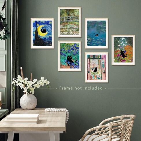 لوحة فنية جدارية فينتاج فان جوخ بتصميم قطة سوداء من فيرنيكس، صور قطط مضحكة للحمام والمنزل، مجموعة من 6 قطع مقاس 8 × 10 انش بدون اطار (اخضر، 6 قطع 08 × 10 انش غير مؤطر) in Kuwait
