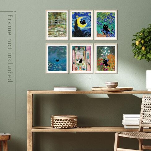 لوحة فنية جدارية فينتاج فان جوخ بتصميم قطة سوداء من فيرنيكس، صور قطط مضحكة للحمام والمنزل، مجموعة من 6 قطع مقاس 8 × 10 انش بدون اطار (اخضر، 6 قطع 08 × 10 انش غير مؤطر) in Kuwait