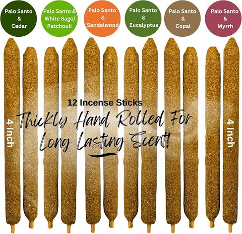 مجموعة متنوعة من أعواد بخور بالو سانتو المميزة، 12 مجموعة بخور ملفوفة يدويًا، 6 روائح: المريمية البيضاء والبتشولي، خشب الصندل، الكوبال، الأرز، الأوكالبتوس، المر مع حقيبة هدايا (مجموعة متنوعة من بالو سانتو 12 × 4) in Kuwait