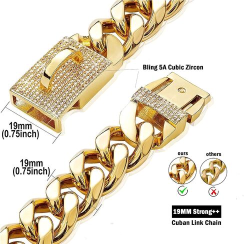 New Gold Dog Chain Collar with Bling Zircon Buckle,19MM Strong Stainless Steel Cuban Link Chain Collar,Dog Necklace Collar for Small Medium,Large Dogs in Kuwait